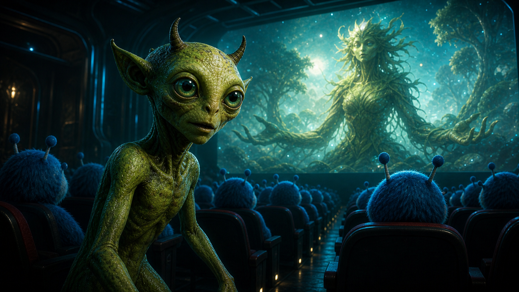 Emz T Man v kině při filmu Strange Mint s velkým Rostlinkou