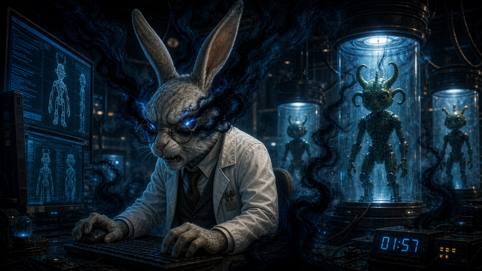 Doktor Králík posedlý Tmavým stínem vyrábí robotické klony